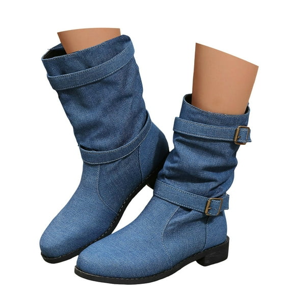 Oyedens Slouchy Wide Mid Calf Boots for Women Suede Denim Fashion Low Heel Winter Fall Short Boots