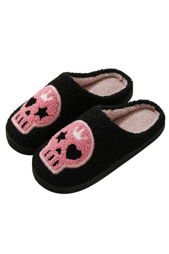 Spooky Slides Slippers for Women Men Skull Fuzzy Slippers House Shoes for Indoor Outdoor