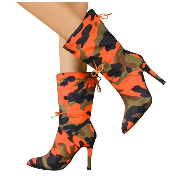 Oyedens Stiletto High Heels Ankle Boots for Women Camouflage Pumps Adjustable Mid Calf Dress Boots