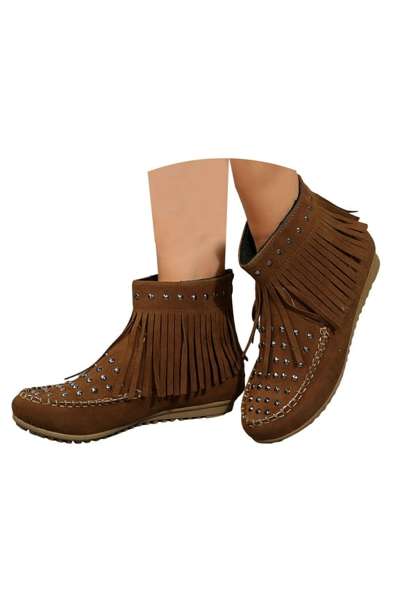 Studded Cowboy Boots for Women Boho Tassel Suede No Heel Wide Calf Cowgirl Ankle Booties