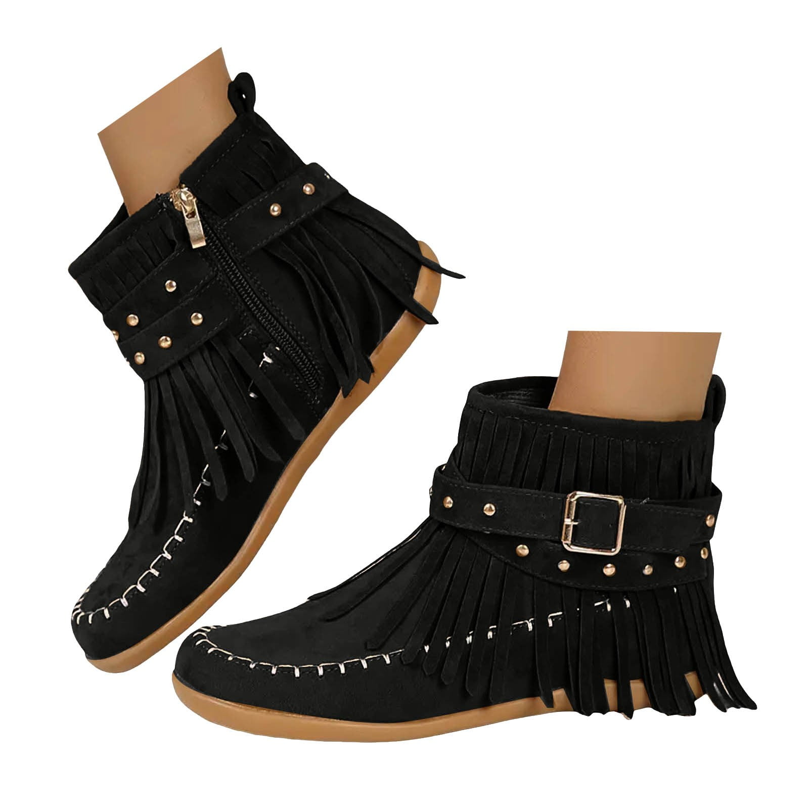 Oyedens Tassel Ankle Boots for Women Boho Fringe Flats Wide Calf