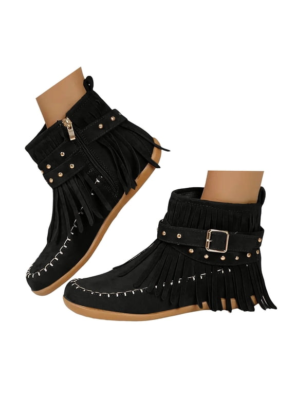 Tassel Ankle Boots for Women Boho Fringe Flats Wide Calf Ankle Booties Winter Fall Short Boots