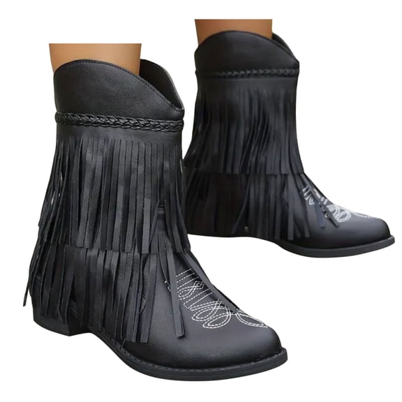 Oyedens Tassel Cowboy Boots for Women Boho Fringe Mid Heels Western Mid Calf Riding Cowgirl Boots