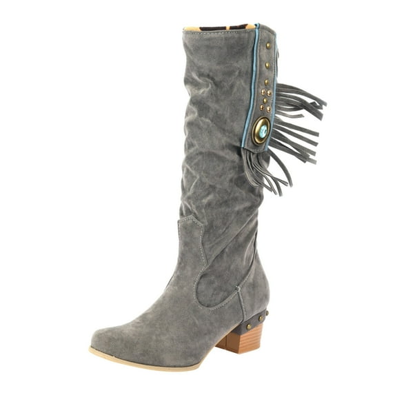Oyedens Tassel Knee High Cowboy Boots for Women Boho Vintage Wide Calf Knee Length Riding Cowgirls Boots