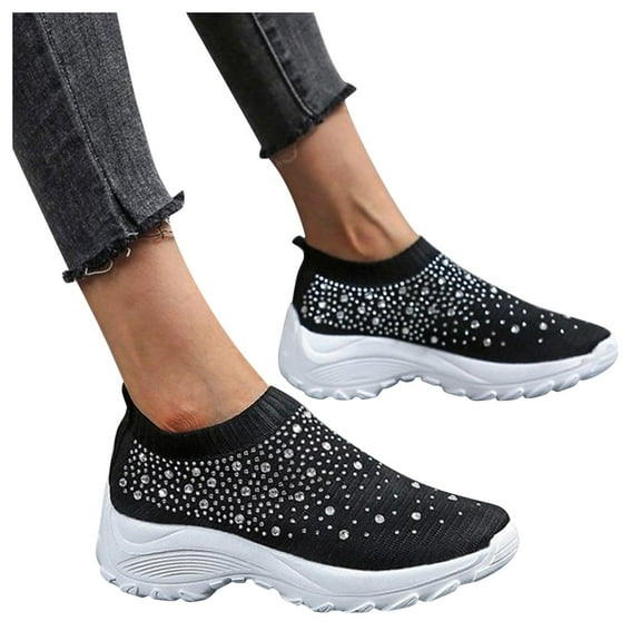 Oyedens Tennis Walking Shoes for Women Rhinestones Sock Shoes with Arch Support Athletic Running Shoes
