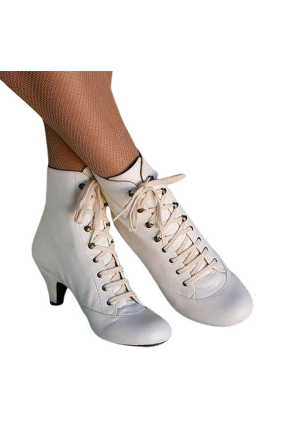 Vintage Combat Boots for Women Leather Kitten Heels Dress Dancing Mid Calf Boots