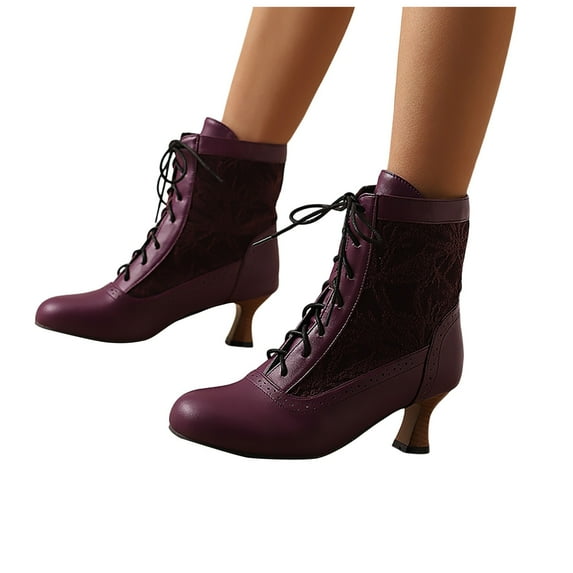 Oyedens Vintage Combat Boots for Women Party Leather Lace up Kitten Heel Dress Short Booties