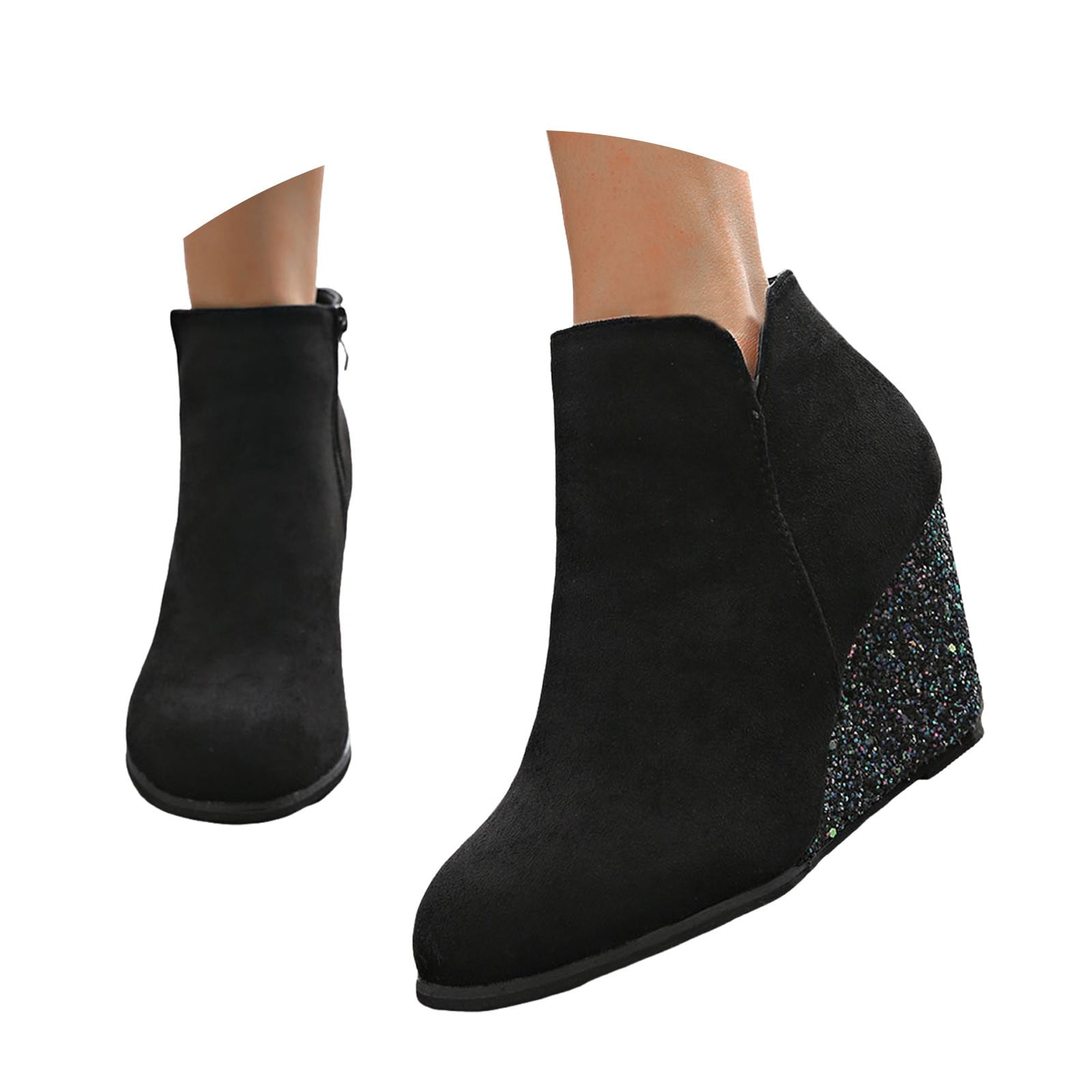 Oyedens Wedge Dress Ankle Boots for Women Sparkly Sequin Black Suede High  Heel Short Booties Party