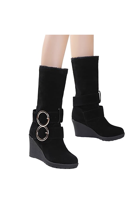 Wedge Mid Calf Snow Boots for Women Fashion Furry Lined Winter High Heels Casual Tall Boots
