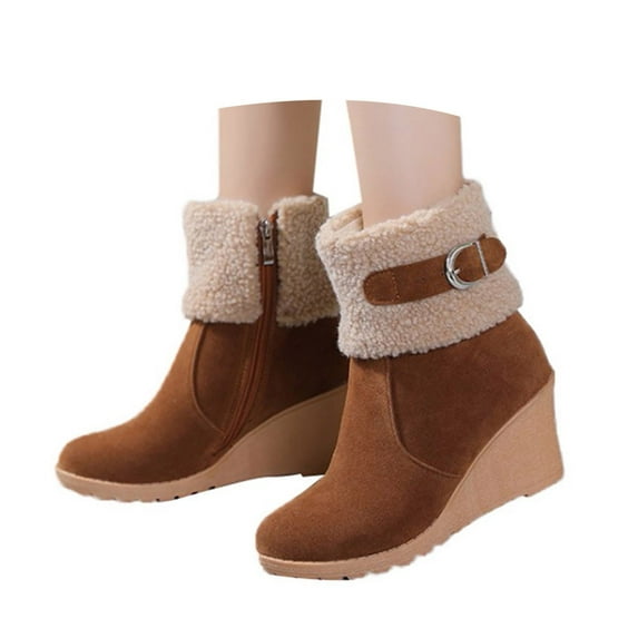 Oyedens Wedge Snow Boots for Women Fleece Lined Fashion Warm Winter High Heels Mid Calf Short Boots
