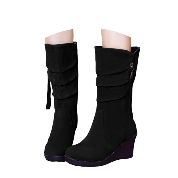 Oyedens Wedge Wide Calf Boots for Women Fashion Casual Suede High Heel Winter Fall Short Boots