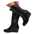 thumbnail image 1 of Oyedens Wedge Wide Mid Calf Boots for Women Black Leather Slouchy High Heels Motorcycle Riding Boots, 1 of 6