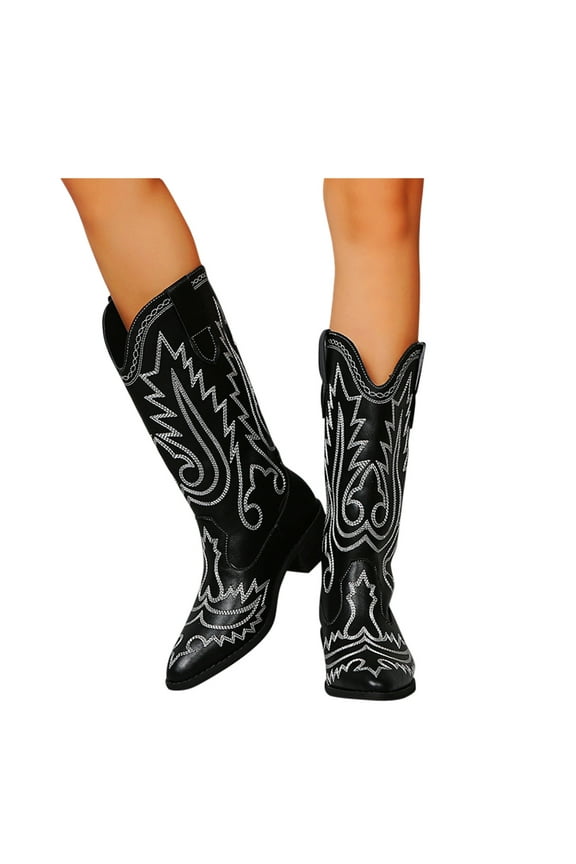 Oyedens Western Cowboy Boots for Women Boho Vintage Leather Wide Mid Calf Cowgirl Riding Boots