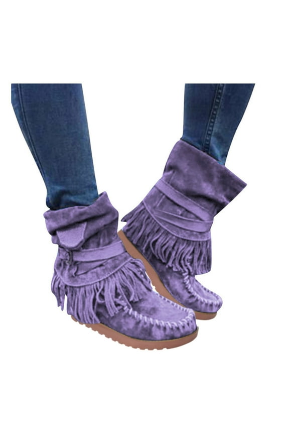 Western Cowboy Boots for Women Roman Tassel Slouchy Platform Mid Calf Riding Cowgirl Boots