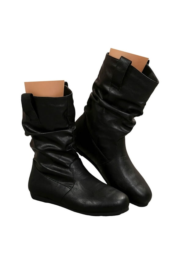 Wide Mid Calf Boots for Women Fashion Slouchy Riding Short Boots with Lined Snow Boots