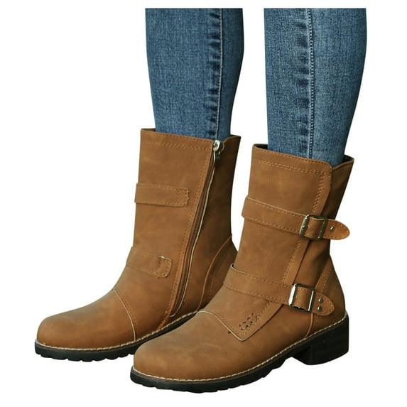 Oyedens Wide Mid Calf Combat Boots for Women Fashion Casual 2 Buckle Zipper Riding Work Short Boots