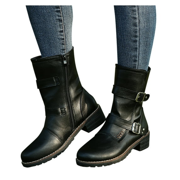 Oyedens Wide Mid Calf Combat Boots for Women Fashion Casual 2 Buckle Zipper Riding Work Short Boots