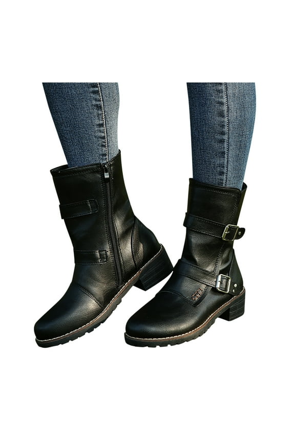 Wide Mid Calf Combat Boots for Women Fashion Casual 2 Buckle Zipper Riding Work Short Boots