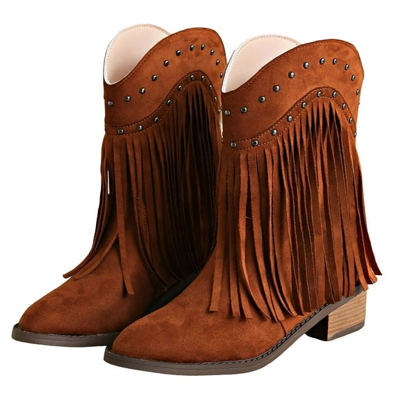 Oyedens Wide Mid Calf Cowboy Boots for Women Boho Long Tassel Womens Western Riding Cowgirl Boots