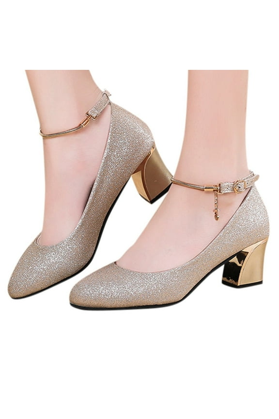 Women High Heels Dress Shoes Glitter Silver Gold Mid Heels Formal Dressy Pump for Bride Wedding