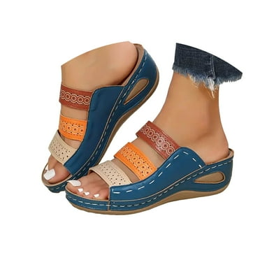 Oyedens Women Sandals Boho Beach Wide Width Wedge Slippers Comfort Summer Dressy Slip-On Shoes