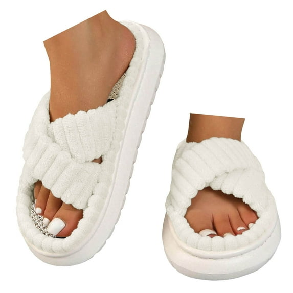 Oyedens Women's Fuzzy Slippers Cross Band Memory Foam Open Toe House Slippers Bedroom Slides for Women