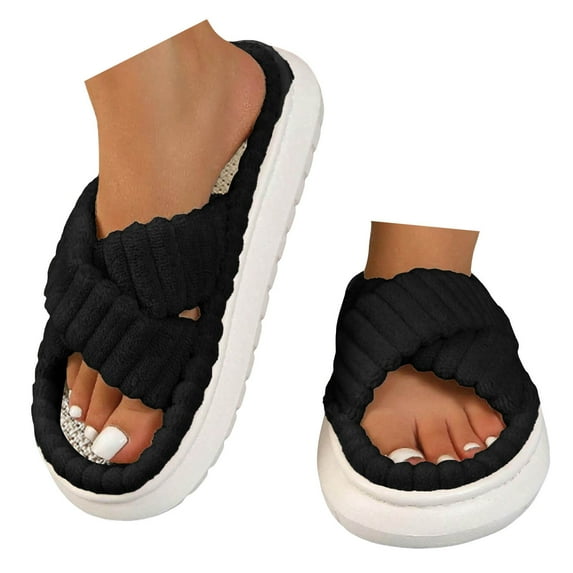 Oyedens Women's Fuzzy Slippers Cross Band Memory Foam Open Toe House Slippers Bedroom Slides for Women