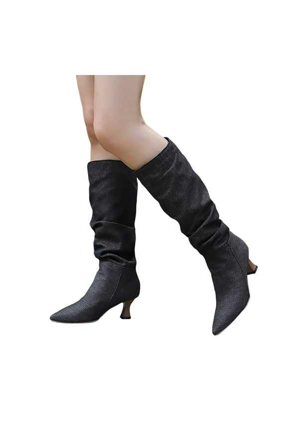 Oyedens Women's Knee High Boots Fashion Slouchy Denim Pointed Toe Kitten Heel Wide Calf Tall Booties