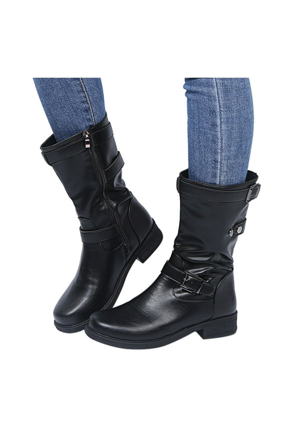 Women's Mid Calf Boots Vintage Casual Leather Low Heels Winter Fall Short Boots Women