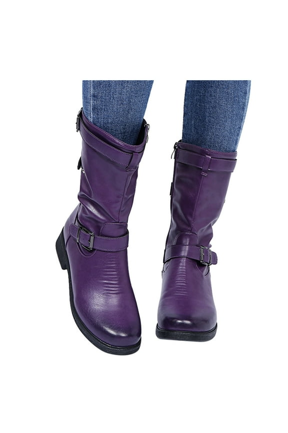 Oyedens Women's Mid Calf Boots Vintage Casual Leather Low Heels Winter Fall Short Boots Women