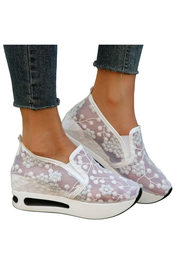Women's Platform Wedge Fashion Sneakers With Hidden Heels Lace Breathable Mid Heels Slip On Loafers Low Top Walking Shoes For Women