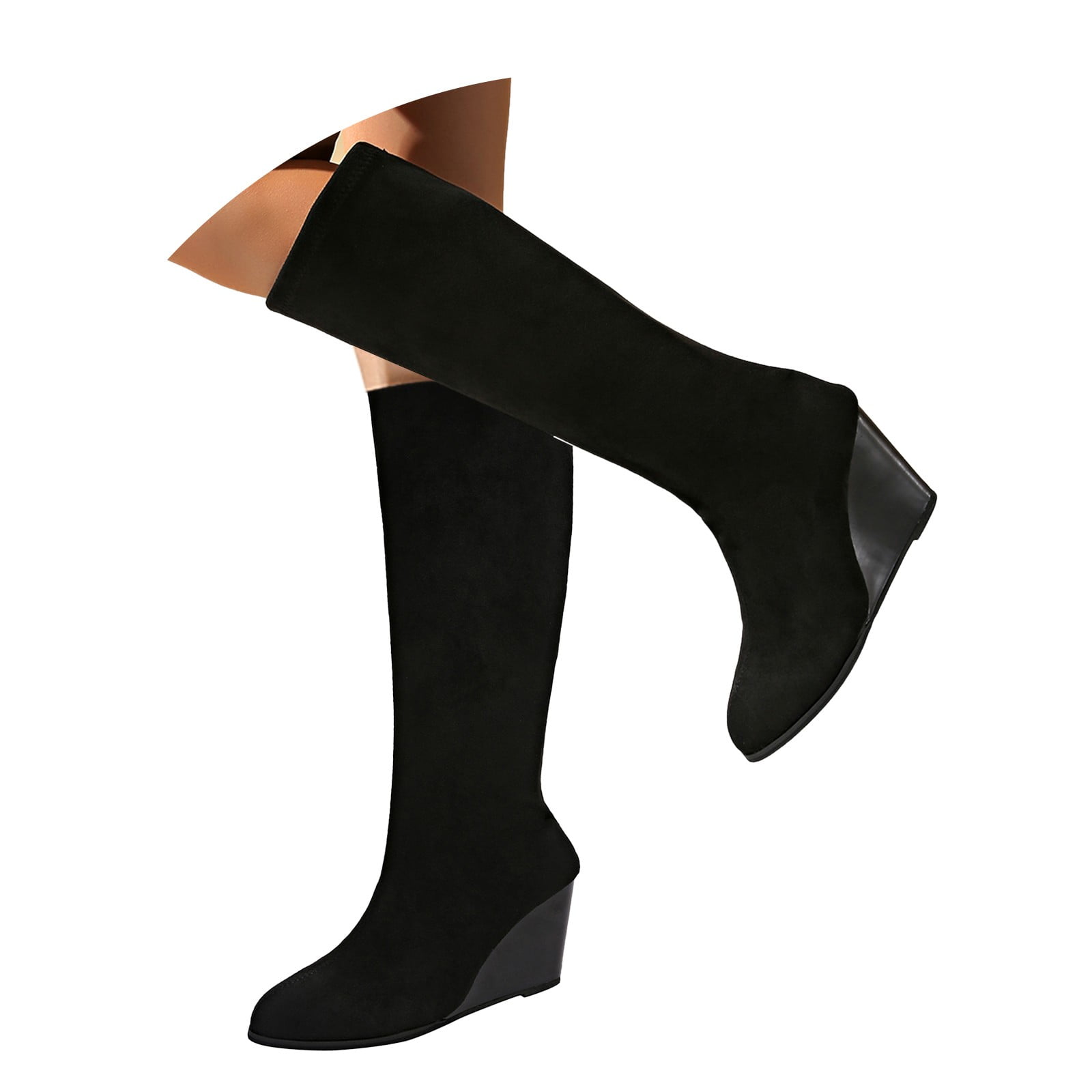 black suede wedge knee high boots