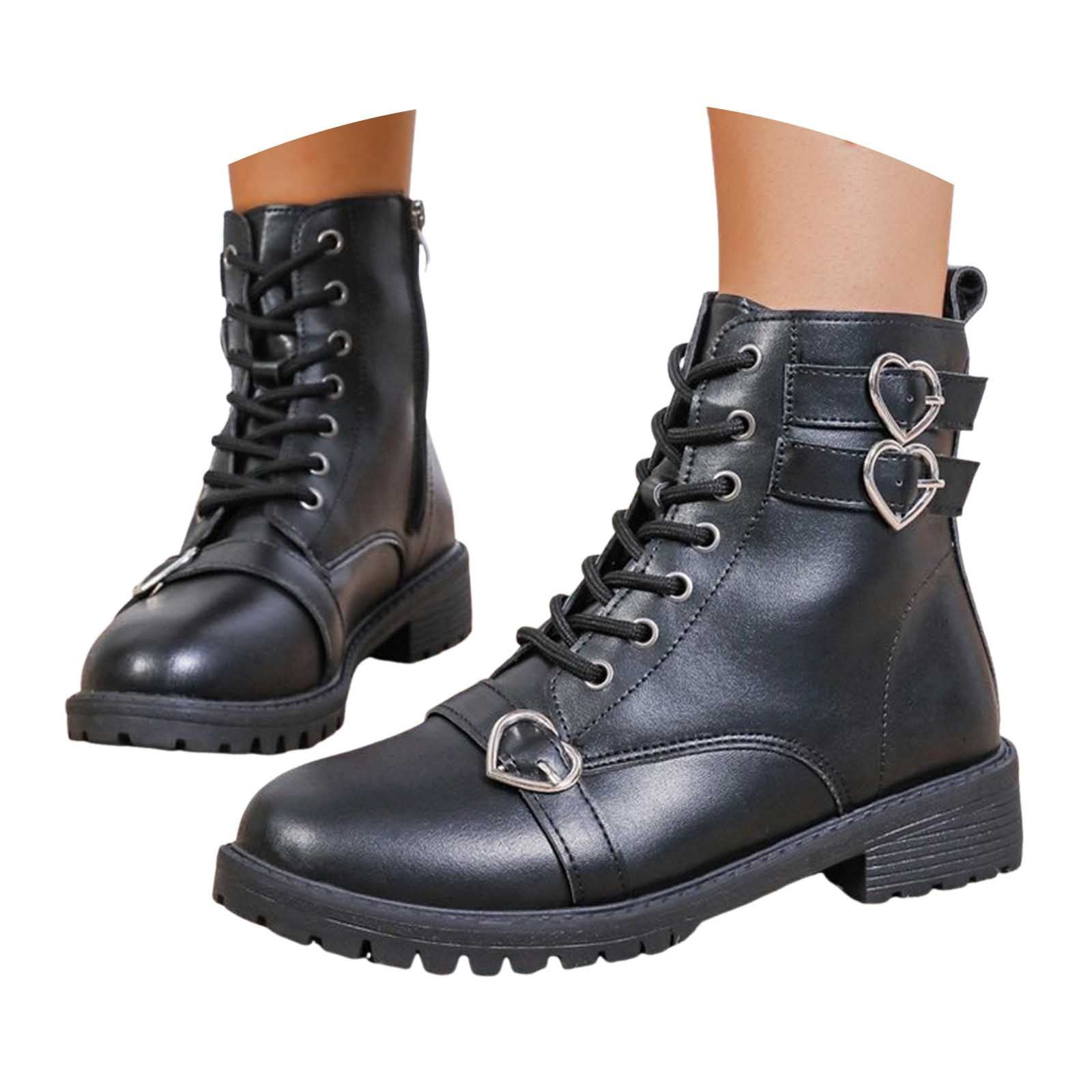 Oyedens Womens Combat Boots for Girls Heart Charm Fashion Mid Calf