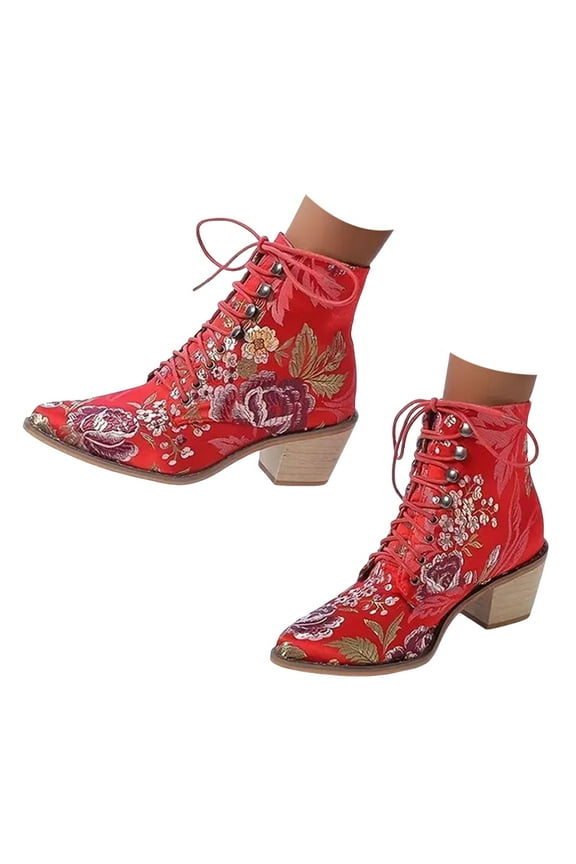 Womens Dress Boots Ethnic Pointed Toe Mid Heels Ankle Booties Winter Fall Short Boots for Women