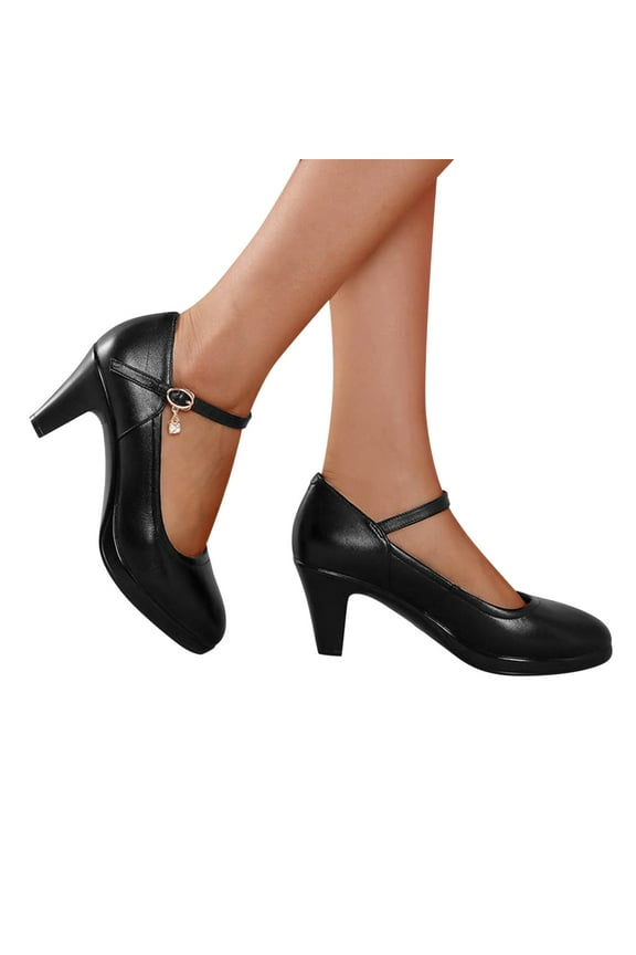 Womens Dress High Heels Shoes for Ladies Black Leather Formal Kitten Mid Heels Dressy Pump