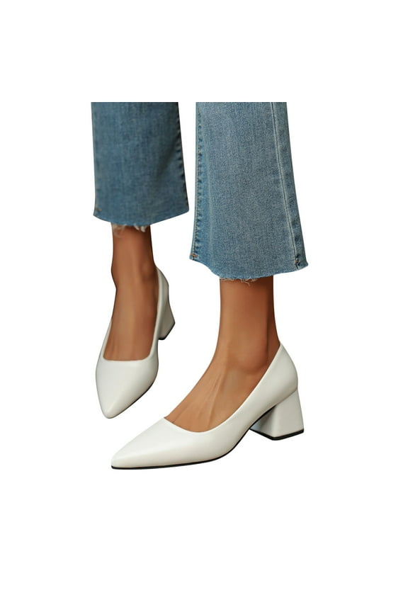 Womens Dress Shoes Classic Black White Pointed Toe Block Mid Heels Business Office Work Pump