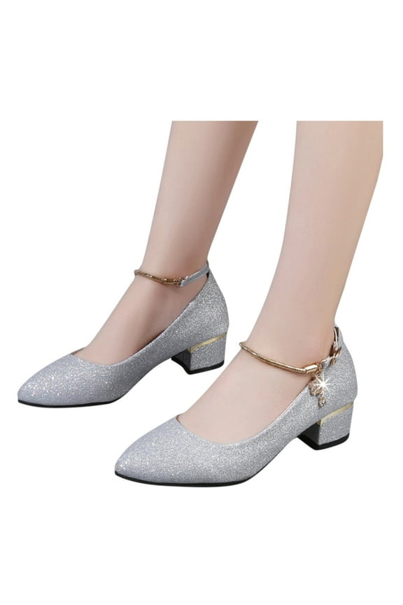 Womens Dress Shoes Sequin Sparkly Fashion Leather Block High Heels Dressy Pump Wedding Party