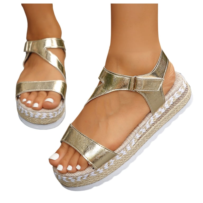 Oyedens Womens Espadrilles Footbed Sandals Glitter Gold Wide Width Platform  Sandals Casual Summer Mid Heels Flatform Dress Sandals For Women -  Walmart.com