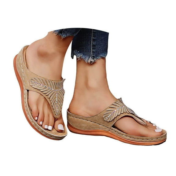 Oyedens Womens Flip Flop Wedge Sandals Rhinestones Leather Platform Mid Heels Thong Dress Slip-On Shoes