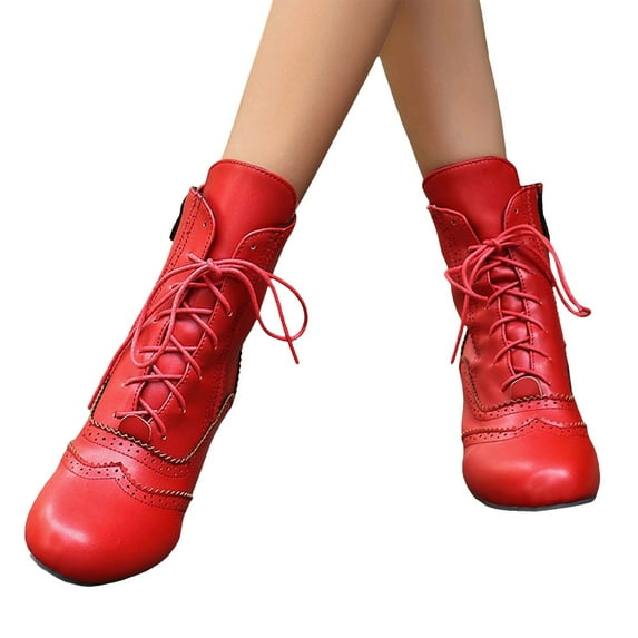 Oyedens Womens Kitten Heels Combat Boots Vintage Leather Pointed Toe Riding Dance Dress Ankle Boots