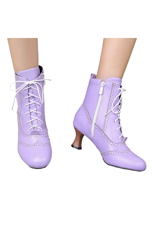 Womens Kitten Heels Combat Boots Vintage Leather Pointed Toe Riding Dance Dress Ankle Boots