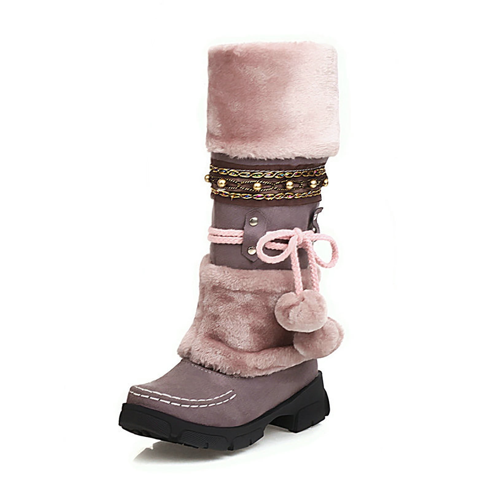 DINTAHA Faux Fur Lined Knee High Snow Boots - Chunky Platform, Bow Detail, 1.97 Inch Heel