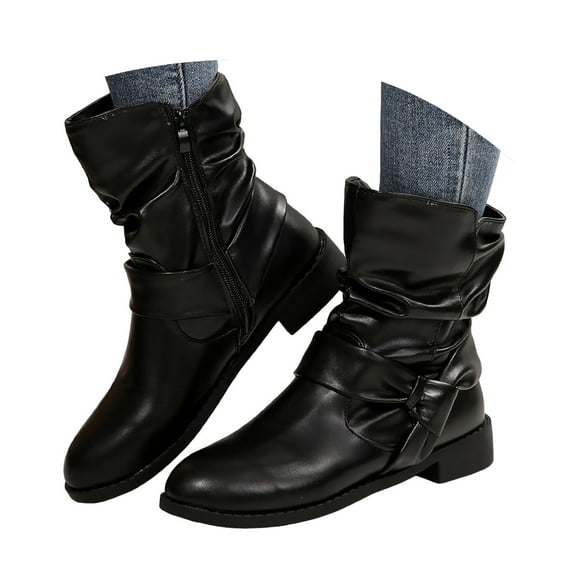 Oyedens Womens Mid Calf Boots Fashion Slouchy Bowknot Leather Zipper Low Heels Short Boots for Women
