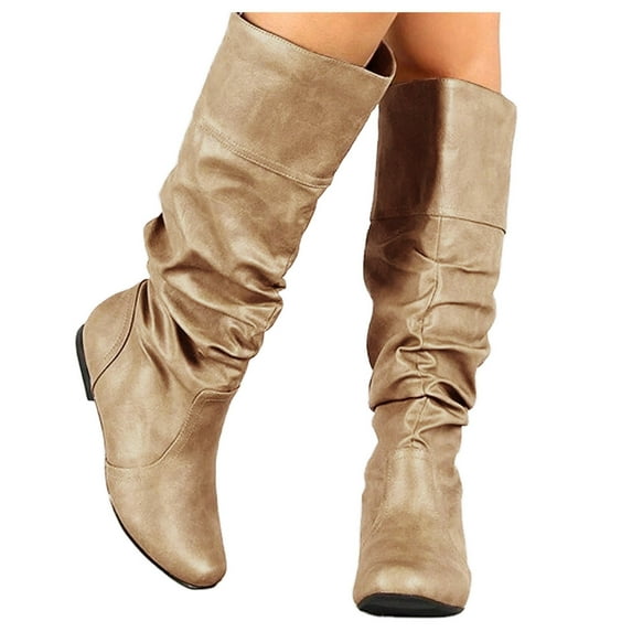 Oyedens Womens Mid Calf Boots Slouchy Fashion Leather Flats Knee High Tall Boots Winter Fall Long Boots