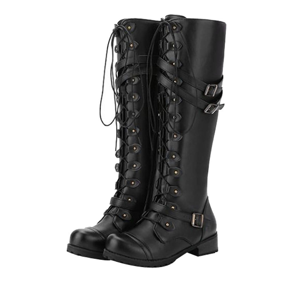 Women's Lace-Up Platform Combat Boots - Knee High, Hidden Side Pocket, Chunky Heel, Vegan Leather, Black (Size 41/US 9) - View #10