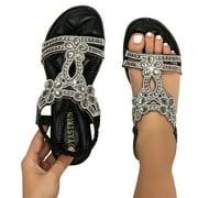 Womens Rhinestones Dress Sandals 2025 Sparkly Flower Crystal Low Heels Boho Beach Bridal Wedding Summer Shoes