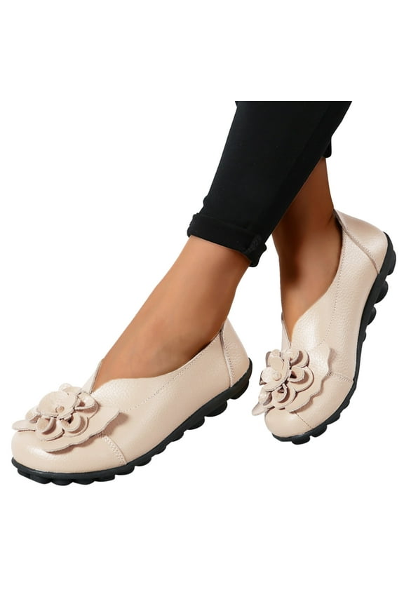 Womens Slip on Loafers Comfortable Walking Shoes Bohemia Flower Casual Leather Ballet Flats
