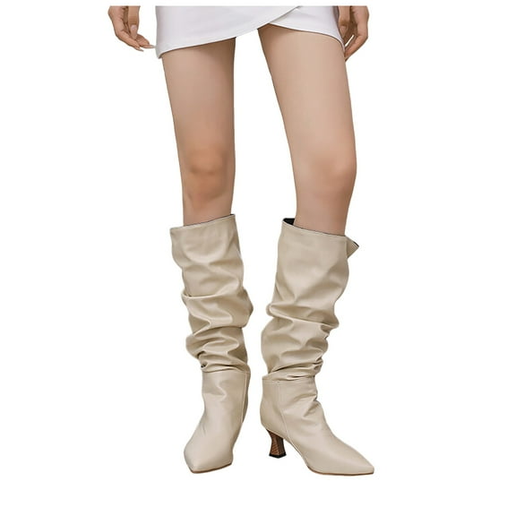 Oyedens Womens Slouch Knee High Boots Fashion Leather Pointed Toe Kitten Mid Heel Wide Calf Booties