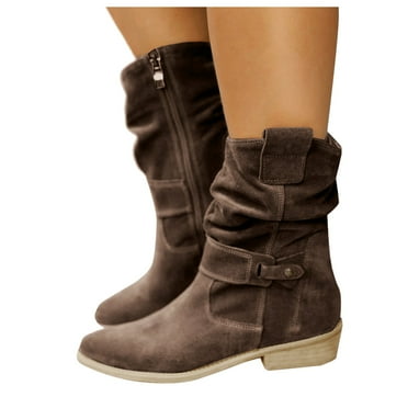Oyedens Womens Slouchy Wide Mid Calf Cowboy Boots Suede Low Heel Zip up Winter Cowgirl Short Booties