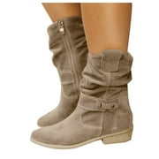 OYEDENS Womens Slouchy Wide Mid Calf Cowboy Boots Suede Low Heel Zip up Winter Cowgirl Short Booties